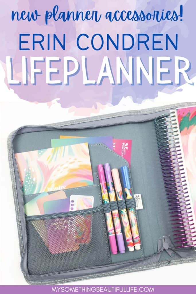 inside of the erin condren planner folio with accessories in the pockers and a planner off to the side