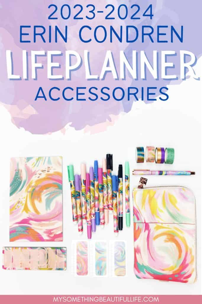 new erin condren planner accessories including pens, washi tape, pencil bag, sticker book, and bookmarks/dashboards