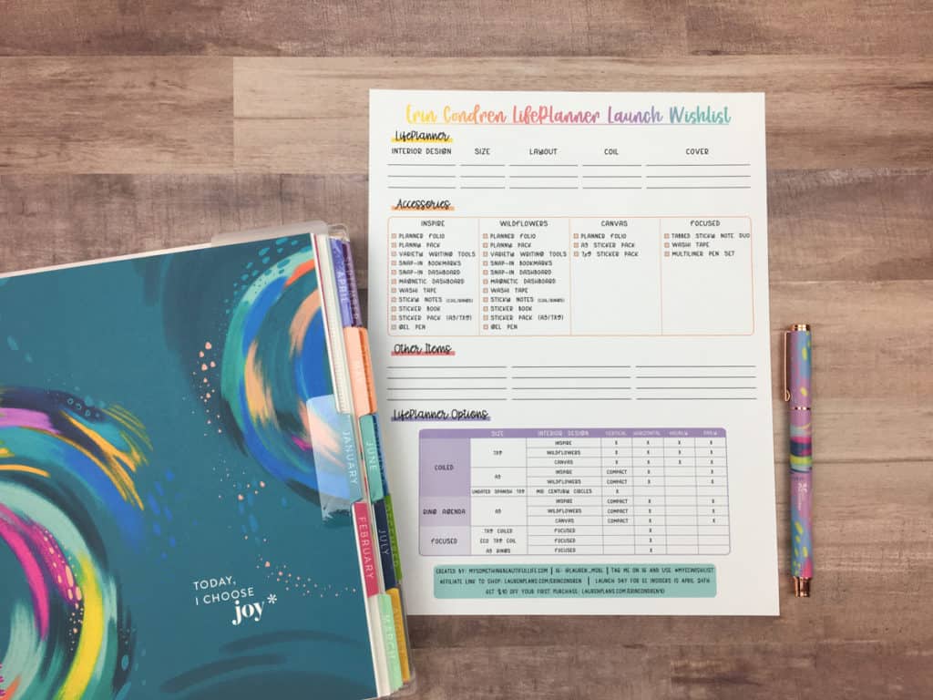 image of printable wishlist for the erin condren lifeplanner launch, with a planner off to the side